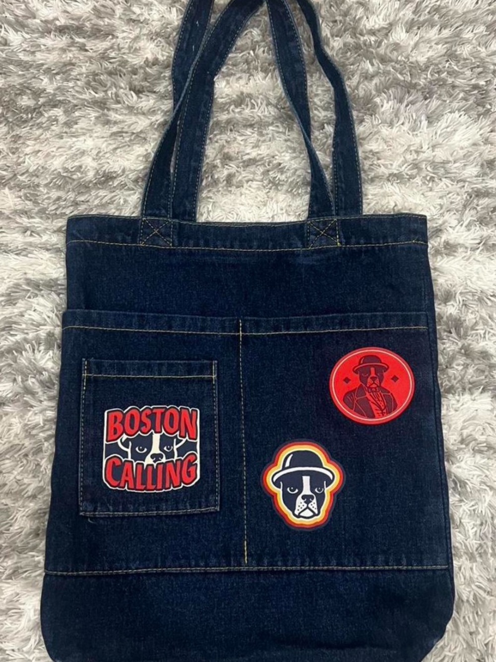 Denim Tote Bag with Boston Calling and Patch Accents - Navy